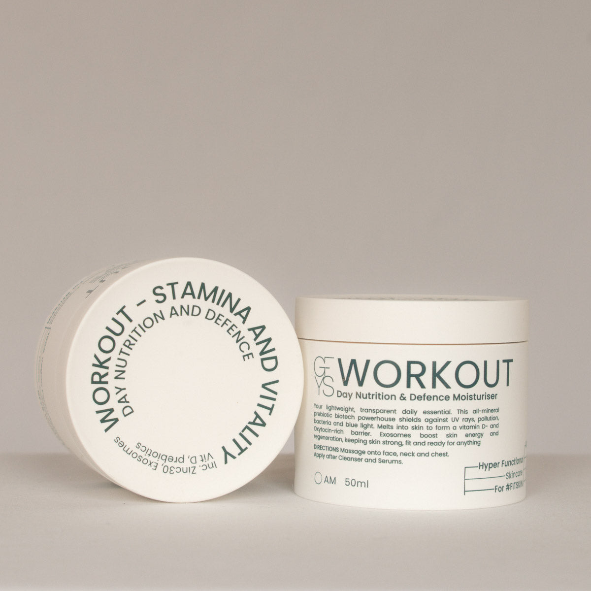 workout day nutrition and defence moisturiser top and side view on a light background