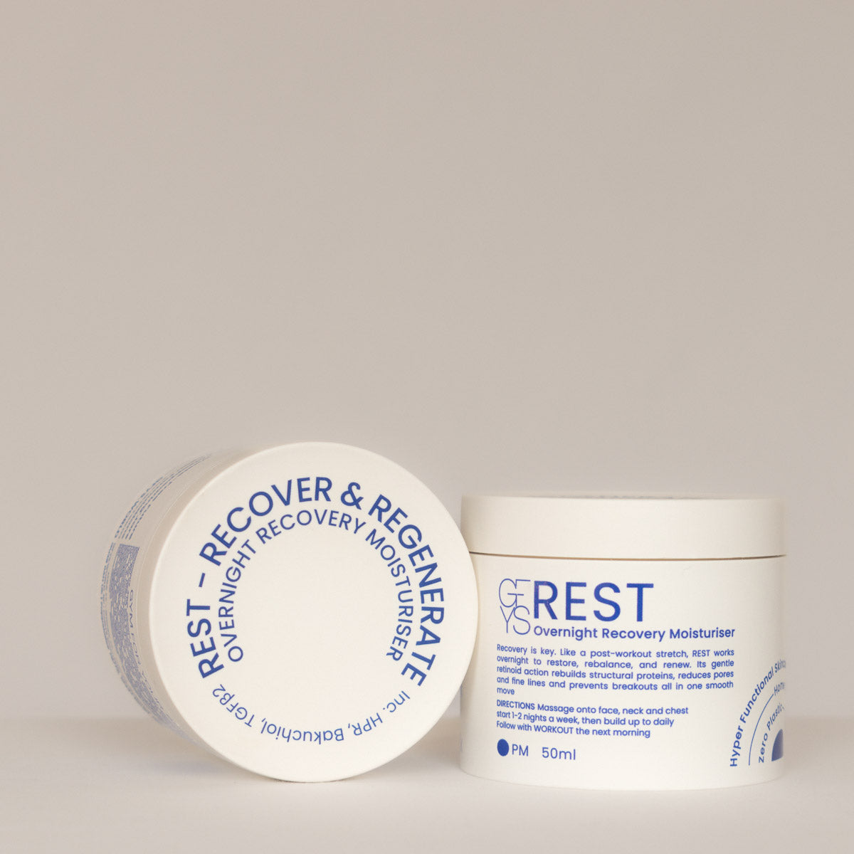 overnight recovery moisturiser top and side view on a light background 