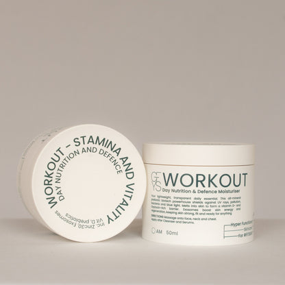 workout day nutrition and defence moisturiser top and side view on a light background 